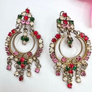 Vintage Rhinestone Chandelier Earrings Colorful Statement Regency Princess Royal